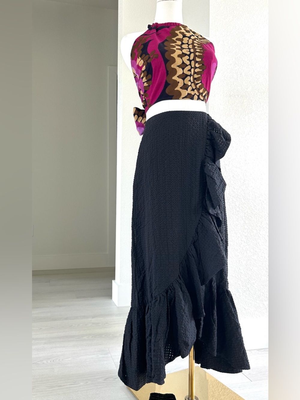 Maeve Anthropologie Black Seersucker Ruffle High Low Midi Skirt Womens XS